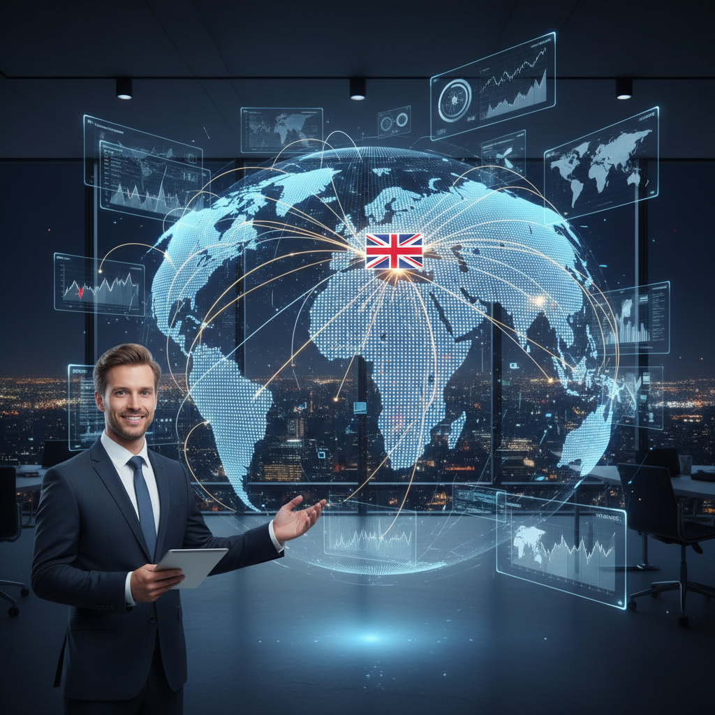 A vibrant, global map with interconnected lines representing international business operations, with a small British flag icon prominently displayed, and digital interface elements showing data and communication. The image should convey seamless global connectivity and business management, illustrating a UK expat successfully running a business internationally.