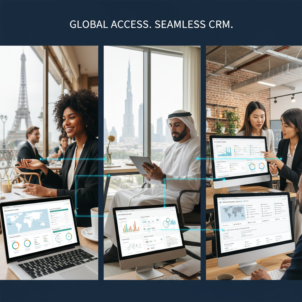 A split-screen image showing diverse business professionals (one in a cafe in Paris, one in a home office in Dubai, one in a co-working space in Singapore) interacting with CRM software on laptops and tablets, with various CRM dashboards visible illustrating ease of use and accessibility from anywhere in the world. The overall feel should be modern and productive.