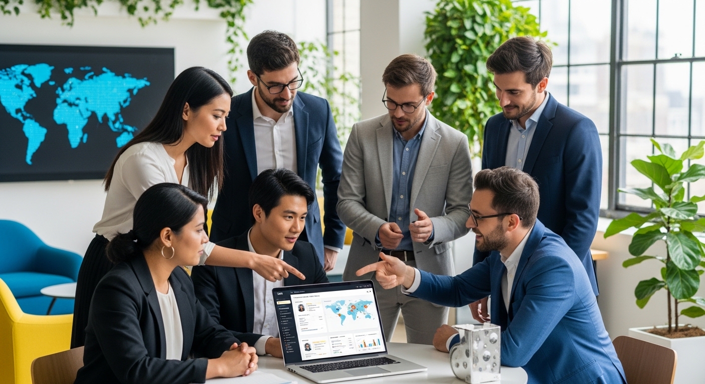 A diverse group of expat entrepreneurs from various countries collaborating seamlessly on a laptop, showing a CRM dashboard with international client profiles and a world map in the background, vibrant and modern office setting, photorealistic