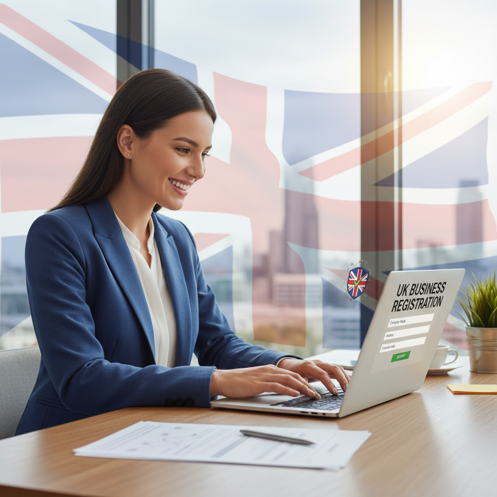 A vibrant, detailed, photorealistic image of a professional looking individual happily using a laptop with a UK flag subtly integrated into the background, signifying the ease of digital business registration.