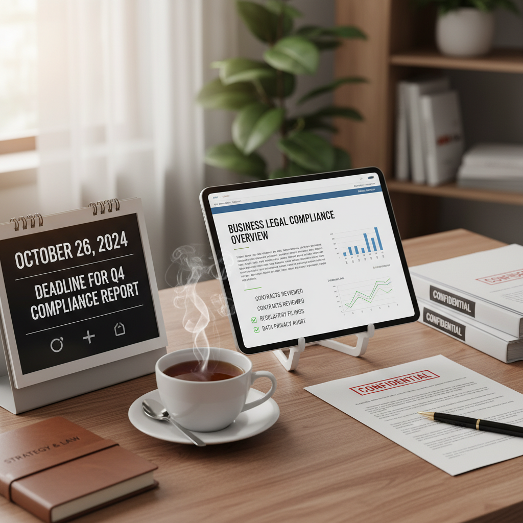 A close-up, photorealistic image of a neatly organized desk with a calendar, a cup of tea, and a tablet displaying compliance documents, symbolizing efficient management of business legalities.