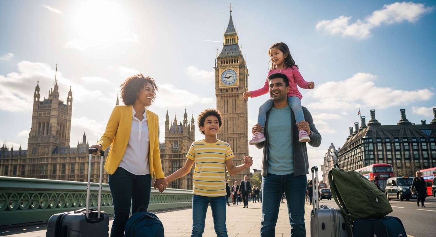 A diverse family smiling, looking excited as they stand in front of a famous London landmark like Big Ben, with suitcases beside them, symbolizing a new beginning in the UK. The scene is bright and hopeful, photorealistic.