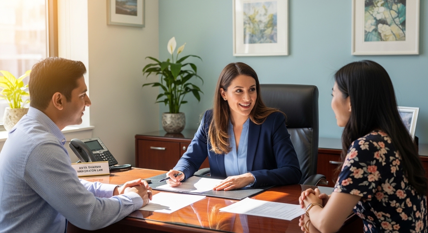 A professional, friendly female immigration lawyer in a modern office, actively listening and explaining documents to a diverse couple, who are seated and engaged. Sunlight streams through a large window, creating a warm, inviting atmosphere, photorealistic.