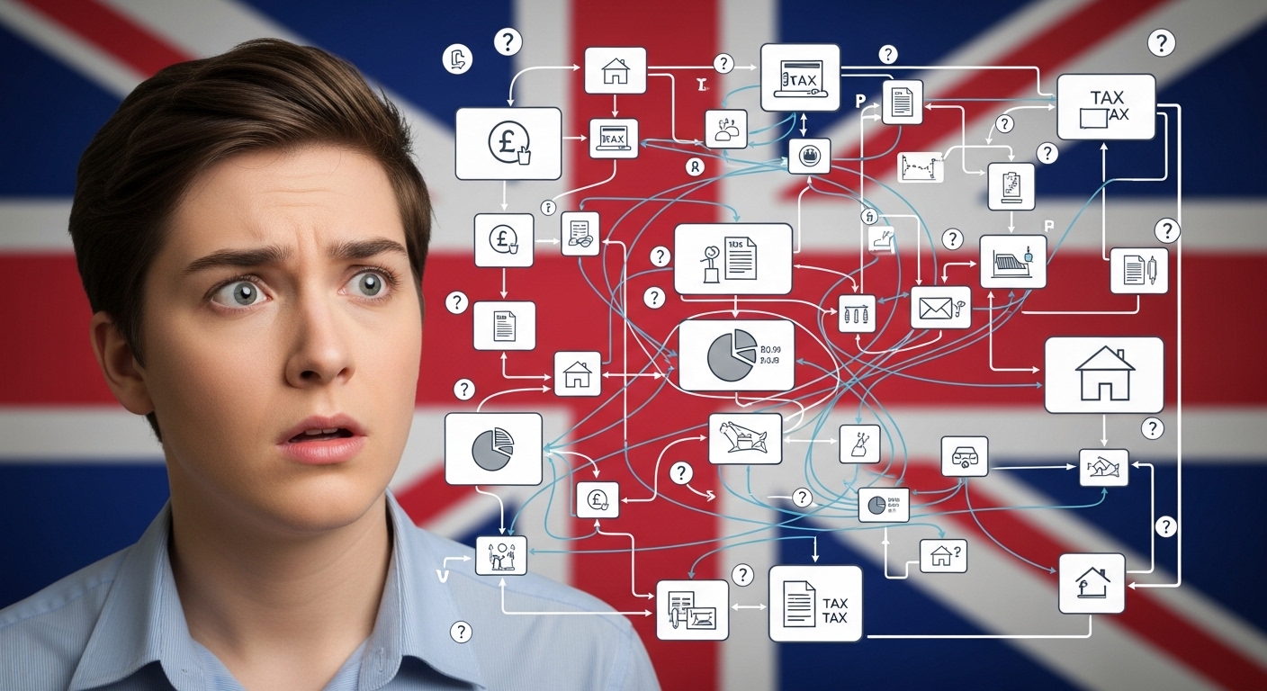 A confused person looking at a complex flowchart filled with tax symbols and arrows, representing the UK tax system, with a British flag subtly in the background, realistic and detailed