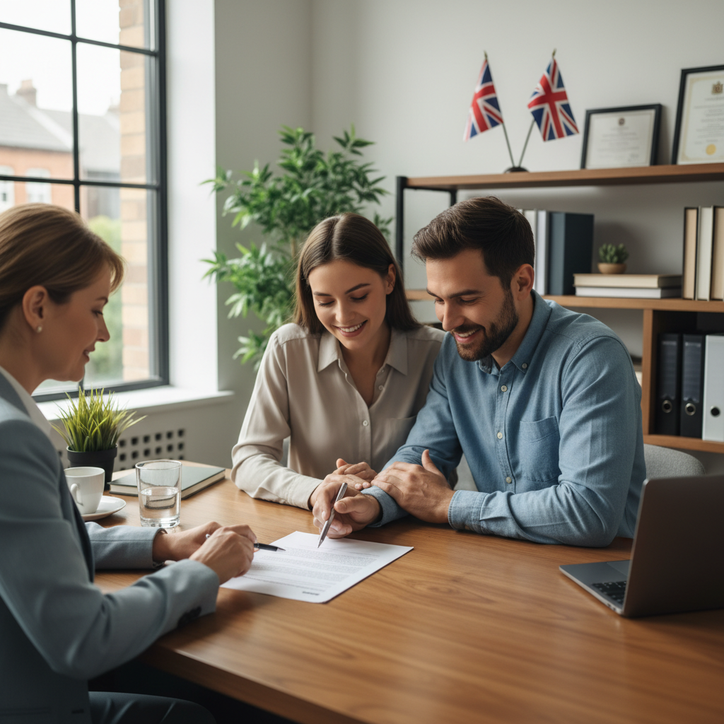 A detailed, photorealistic image of an expat couple sitting at a desk with an immigration lawyer, reviewing documents. The lawyer is pointing to a paragraph on a form, and the couple looks relieved. The office is modern and bright, with UK flags subtly in the background.