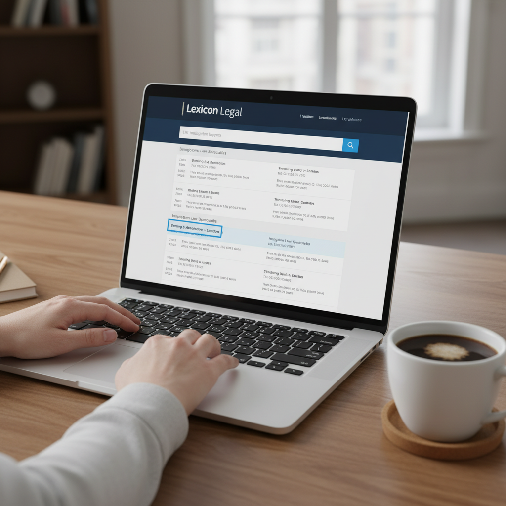 A detailed, photorealistic image of a laptop screen displaying a legal directory website with search results for 