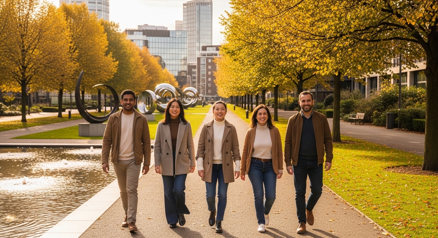 A diverse group of smiling expats looking confident and relaxed while walking in a modern UK city park, symbolizing successful integration and well-being. The sunlight is warm and inviting, highlighting their contented expressions.