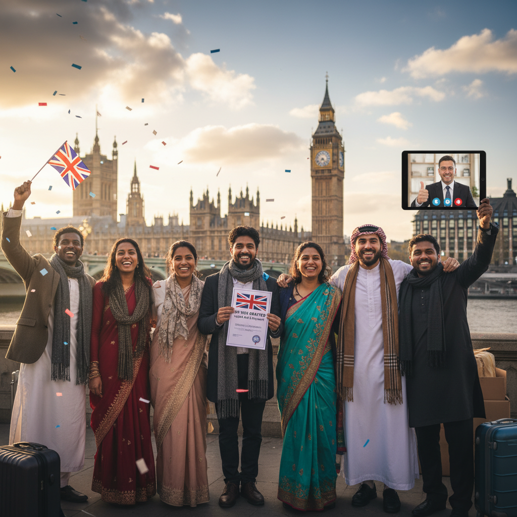 A diverse group of people from different countries looking happy and relieved, standing in front of iconic London landmarks like Big Ben and the London Eye, symbolizing successful relocation to the UK with professional legal help. Photorealistic, vibrant colors.