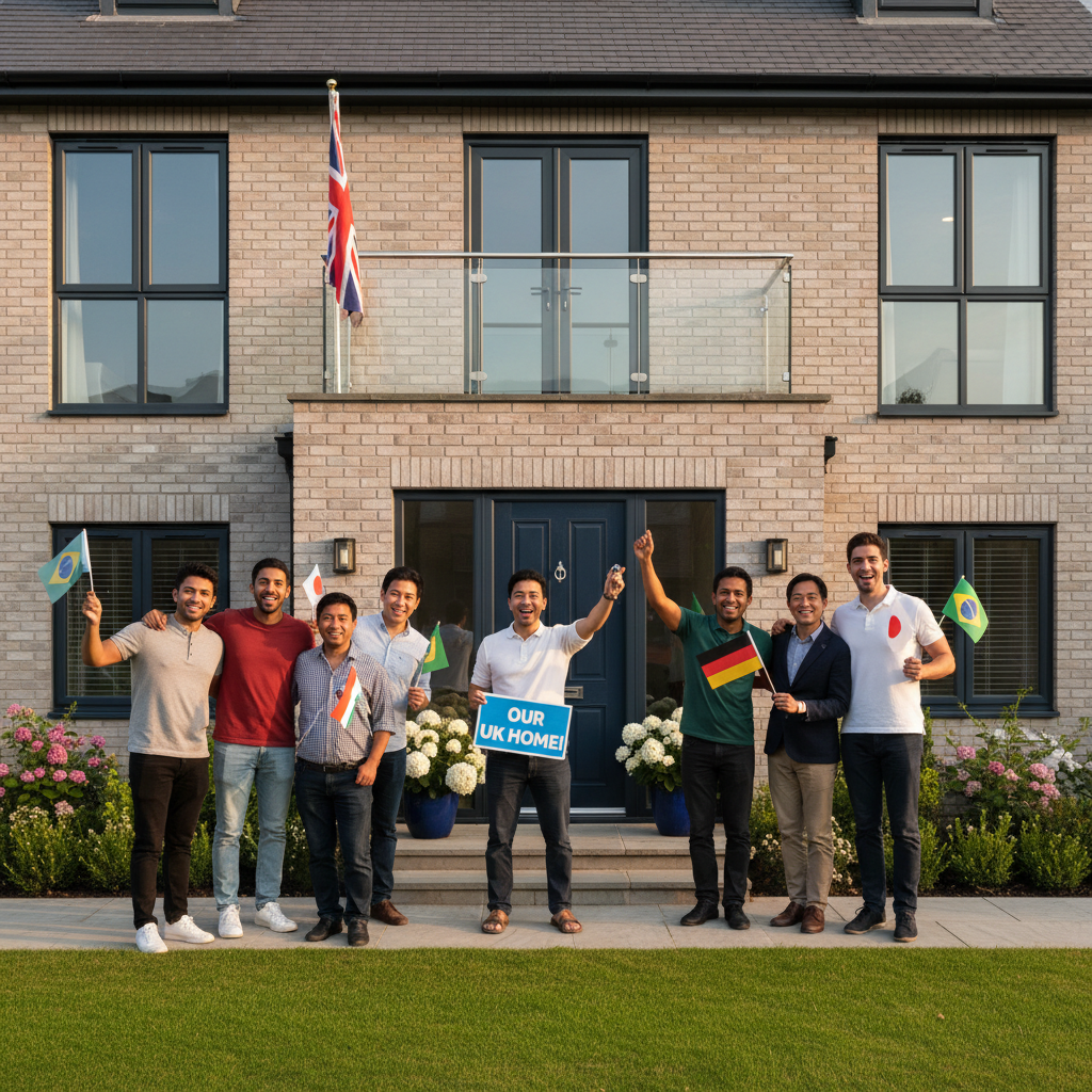A diverse group of people from different countries happily standing together in front of a modern British house, representing expats achieving their UK home dream.