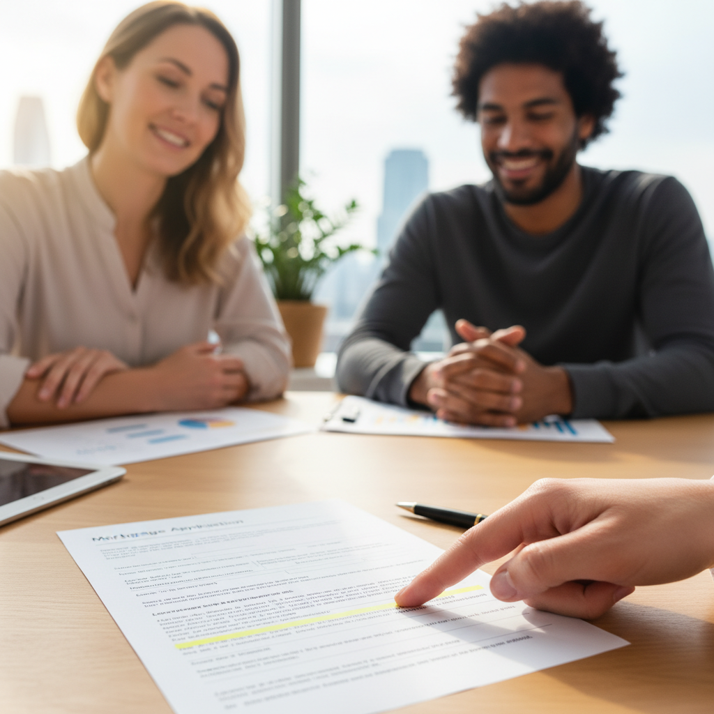 A close-up shot of a mortgage advisor's hand pointing at important details on a mortgage application form, with a smiling expat couple sitting opposite, suggesting clear guidance and understanding.