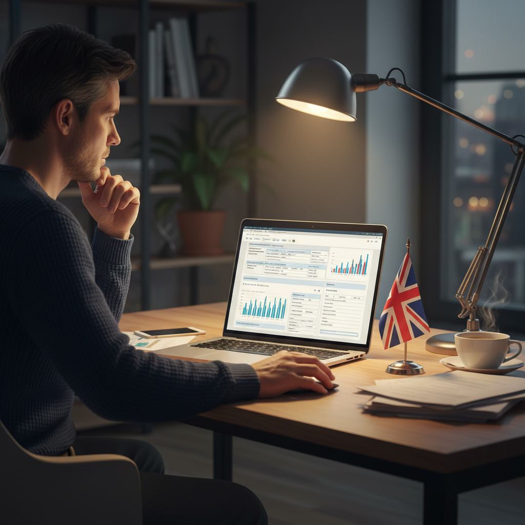 A detailed, photorealistic image of a person sitting at a modern desk, looking thoughtfully at a laptop screen displaying complex tax forms and financial charts. A subtle UK flag is visible in the background, perhaps on a small desk ornament. The lighting is warm and focused, suggesting deep concentration and analysis.