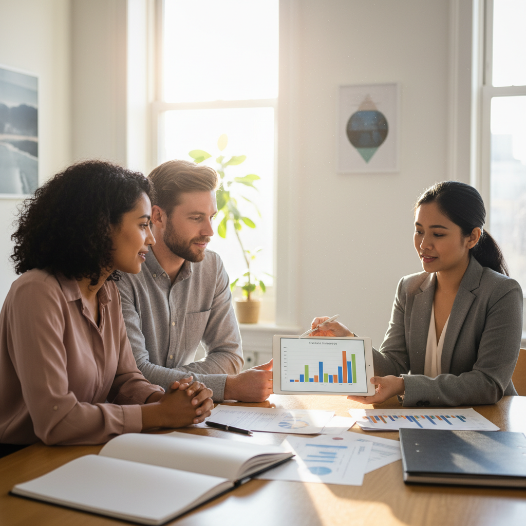 A detailed, photorealistic image of a diverse group of three individuals (an expat couple and a professional tax advisor) sitting around a modern office table, looking at financial documents and discussing calmly. The advisor is pointing to a chart on a tablet, explaining complex tax planning strategies. The atmosphere is professional yet reassuring, with natural light streaming in.