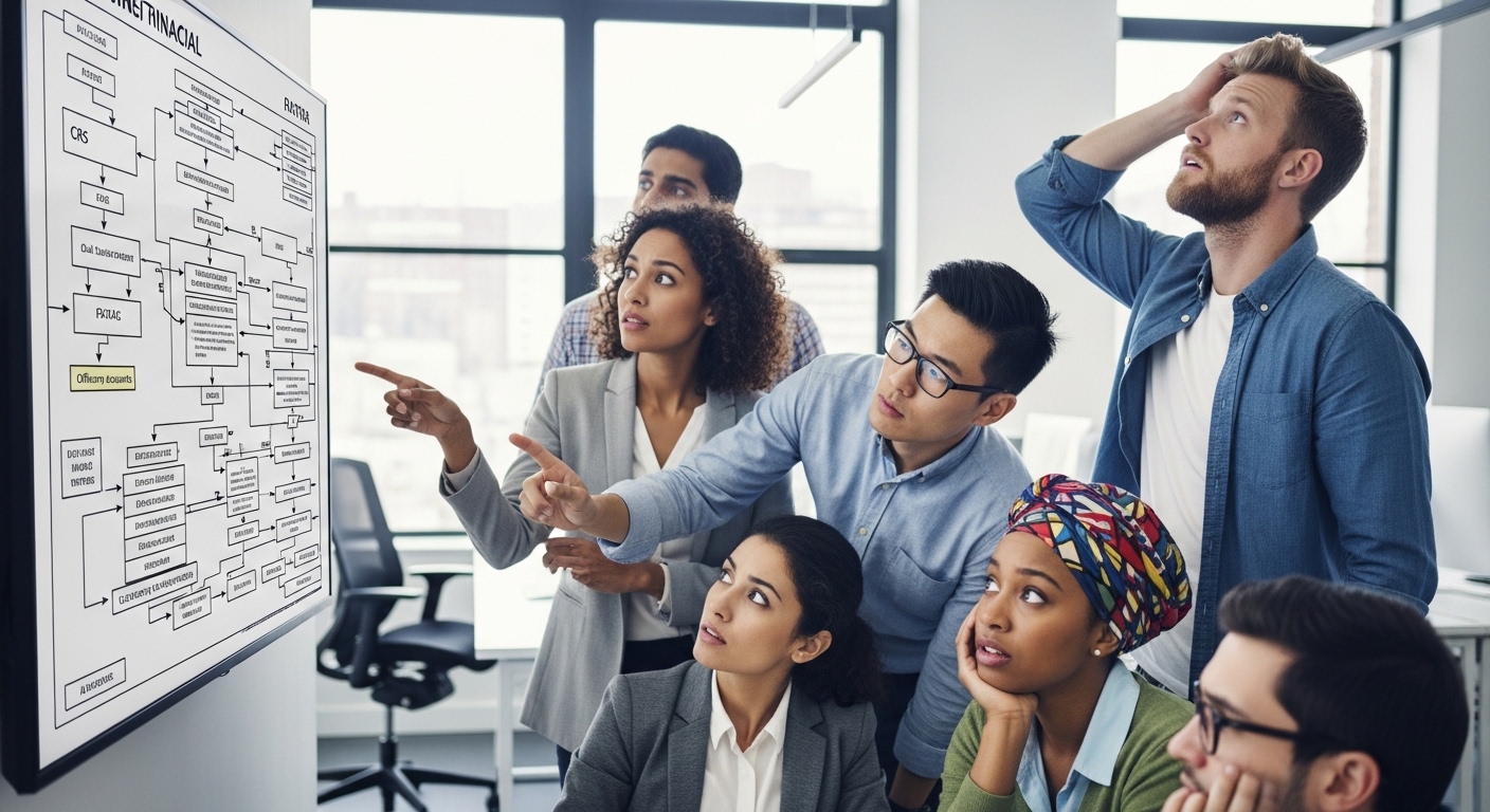 A diverse group of people, representing various nationalities, looking at a complex financial flowchart with puzzled expressions, highlighting the difficulties of international finance for expats. The setting is a modern, bright office.