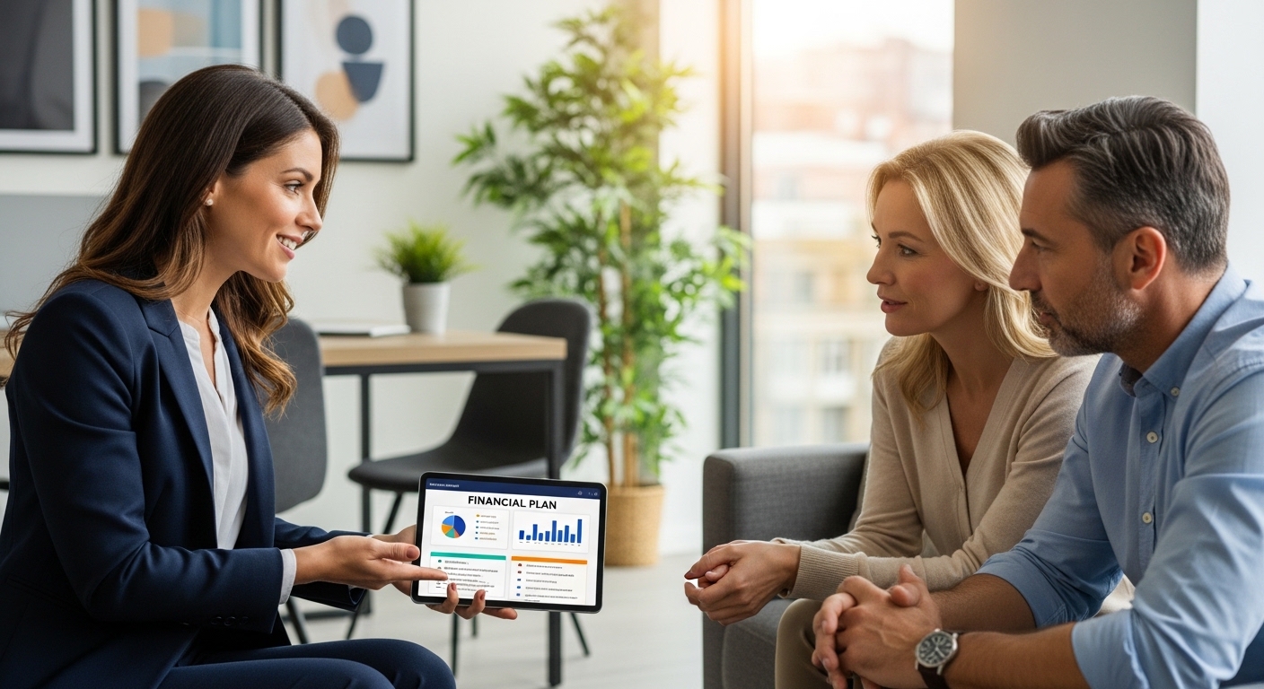 A professional, friendly financial advisor explaining a clear, simplified financial plan on a tablet to a relieved expat couple sitting in a modern, comfortable office. Sunlight streams through a window in the background.