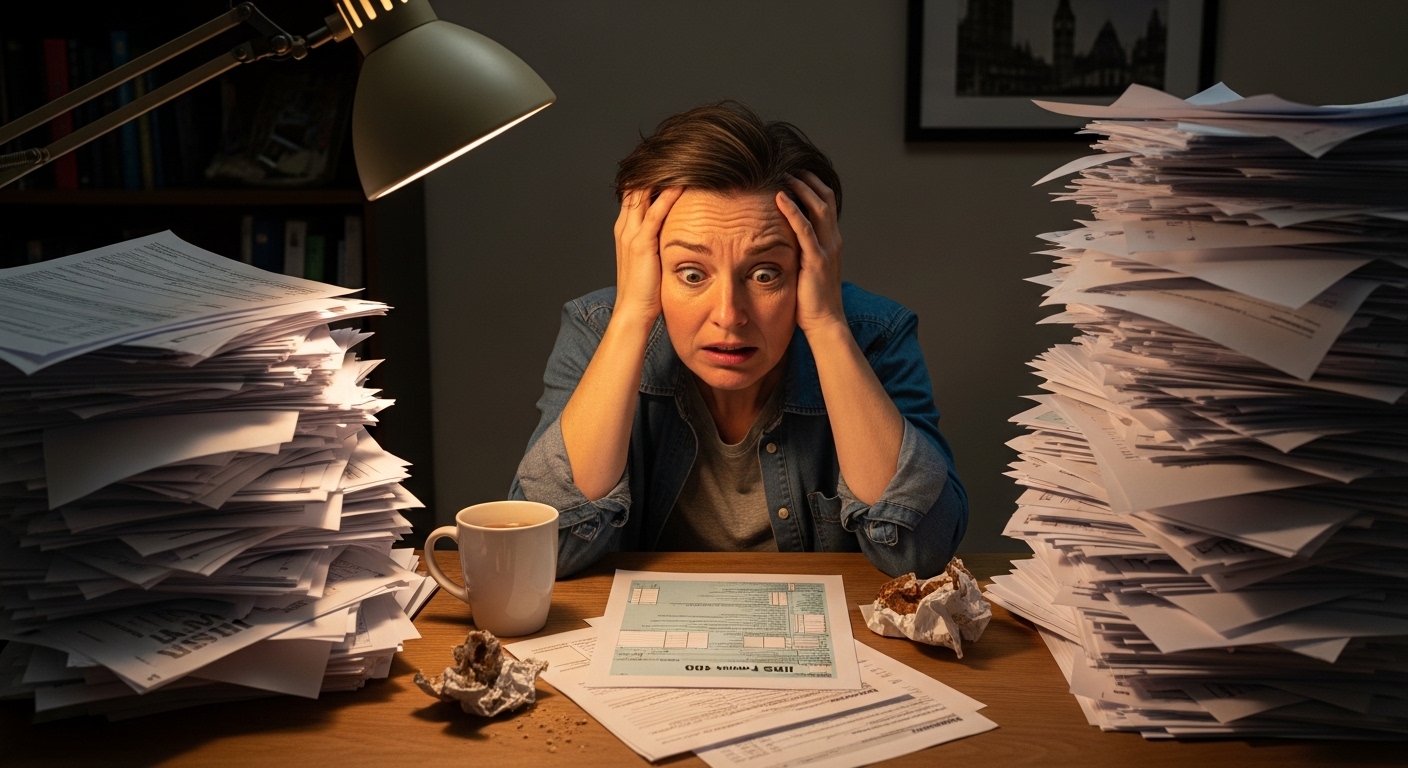 A confused UK expat sitting at a desk, surrounded by piles of complex tax forms from different countries, looking stressed. The scene is slightly chaotic but with a warm, soft lighting, photorealistic style.
