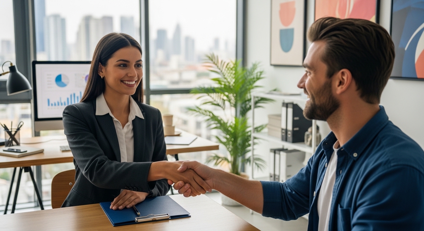 A professional, friendly accountant smiling and shaking hands with a relaxed expat in a bright, modern office setting. There's a sense of relief and accomplishment on the expat's face, high-quality photograph.