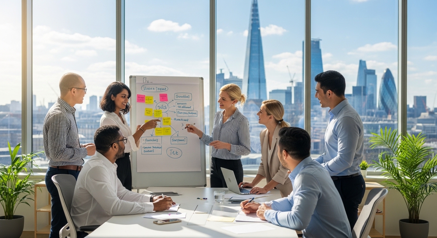 A diverse group of expat entrepreneurs happily collaborating in a modern, sunlit co-working space in London, brainstorming ideas on a whiteboard with city skyline visible outside. The atmosphere is vibrant and positive.