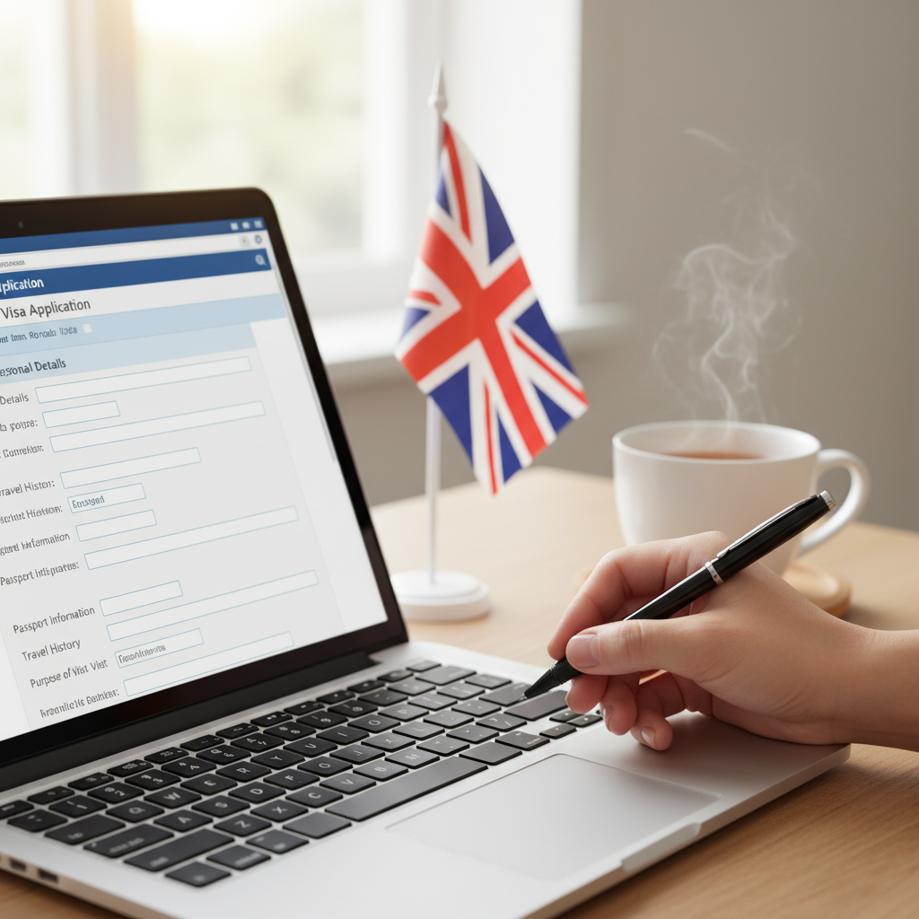 A close-up shot of a hand filling out a UK visa application form on a laptop, with a cup of tea and a small UK flag in the background, suggesting ease and focus.