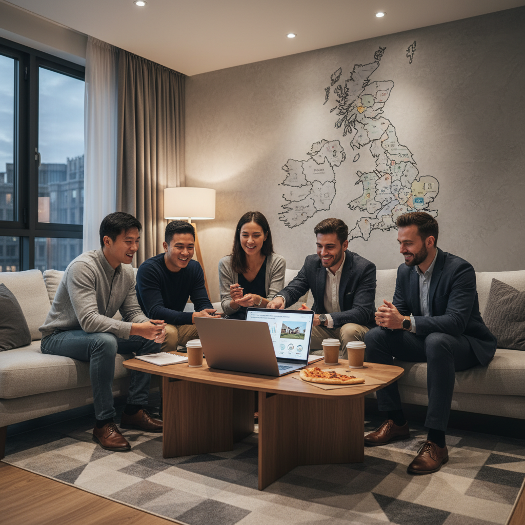 A diverse group of smiling expats looking at a laptop, discussing UK property investment with a map of the UK visible in the background, set in a modern, well-lit apartment.