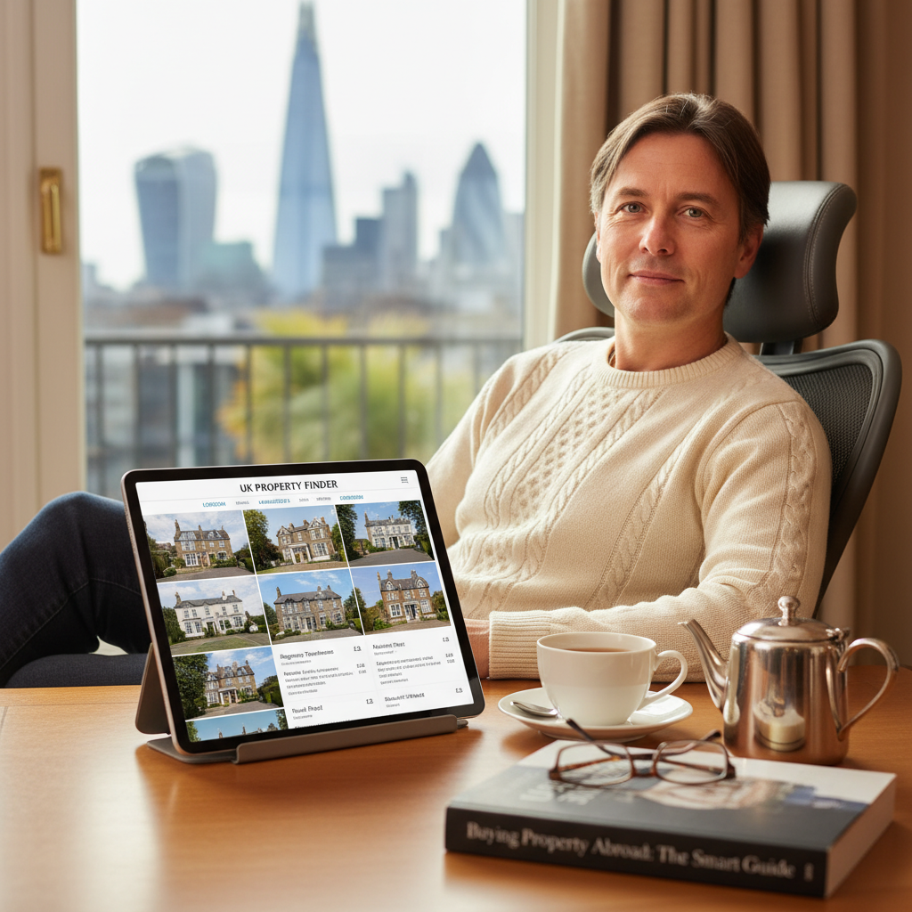 A person sitting comfortably at a desk, looking at a tablet with UK property listings, a cup of tea nearby, symbolizing a relaxed and informed approach to property buying from abroad.