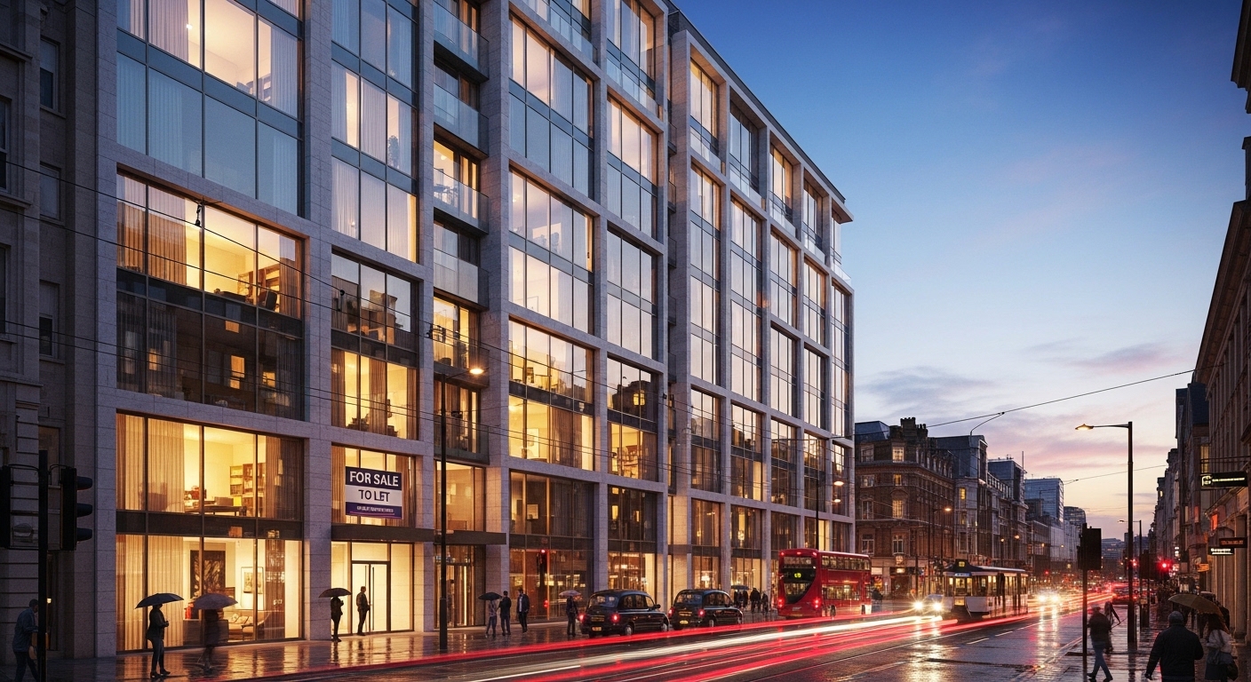 A sleek, modern apartment building with large windows overlooking a bustling UK city street, possibly London or Manchester, at dusk with lights glowing from inside. A 'For Sale' or 'To Let' sign is subtly visible. Photorealistic and inviting.