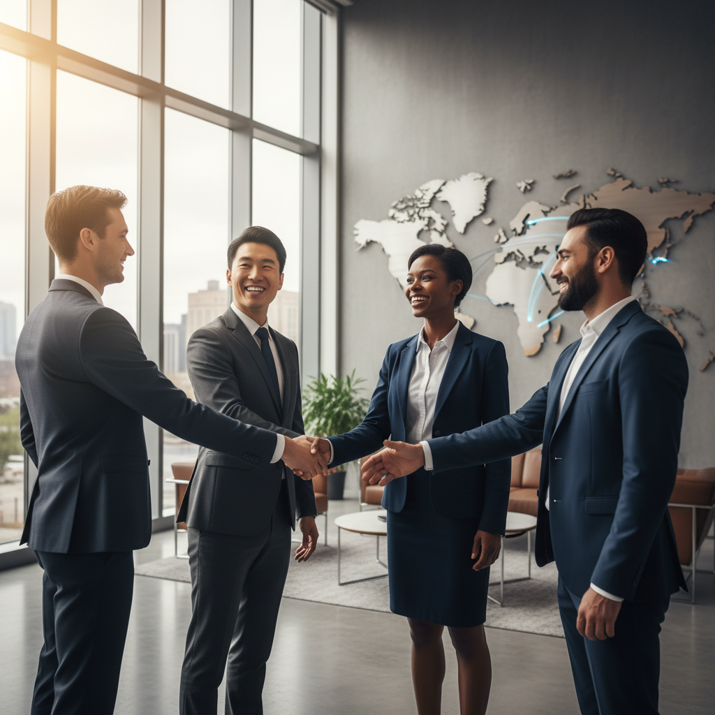A diverse group of business professionals from different nationalities shaking hands in a modern, sunlit office lobby, with a world map subtly in the background, conveying global business connections and collaboration. Photorealistic, high detail.