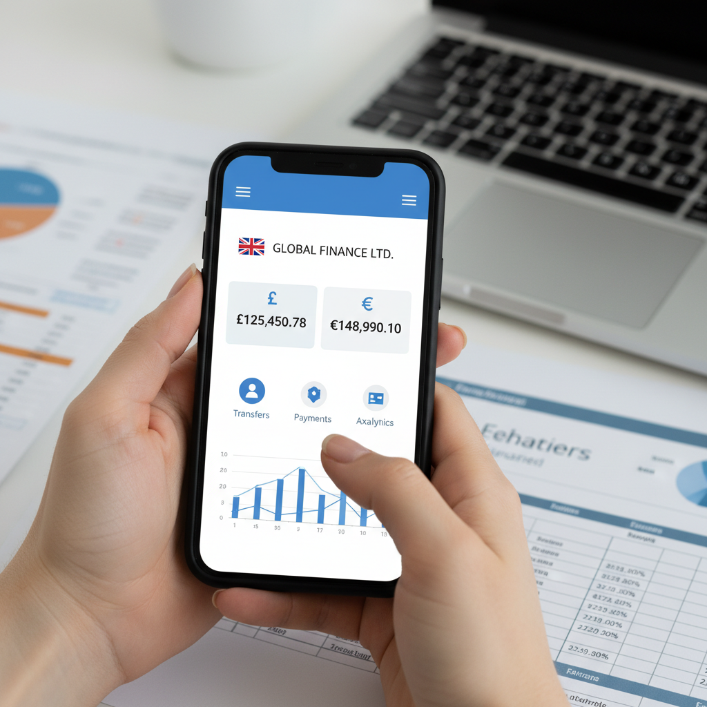 A close-up shot of hands holding a smartphone displaying a banking app interface with a UK flag and currency symbols, with a laptop and business documents blurred in the background, illustrating digital banking solutions for international businesses. Photorealistic, modern.