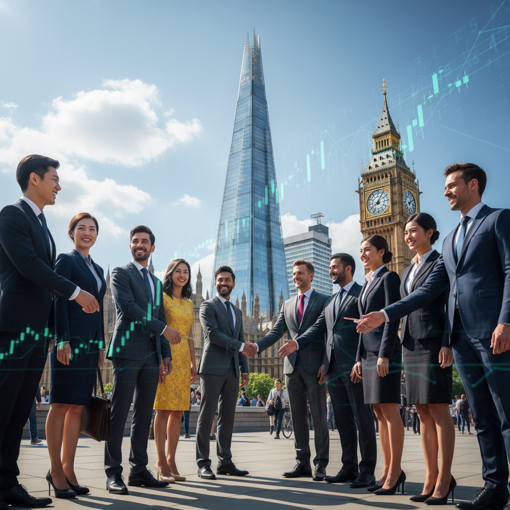 A diverse group of business professionals from around the world smiling and shaking hands in front of iconic London landmarks like the Shard and Big Ben, with subtle tech and financial graphs overlaid, depicting a vibrant and innovative business environment. Photorealistic, bright colors.